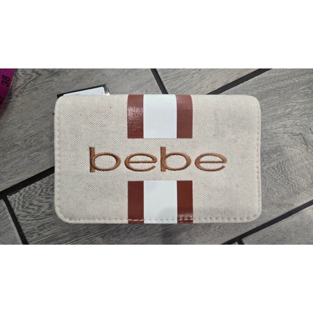 Bebe Paisley Canvas Crossbody Bag Caramel Tan White Stripe Gold Chain NWT